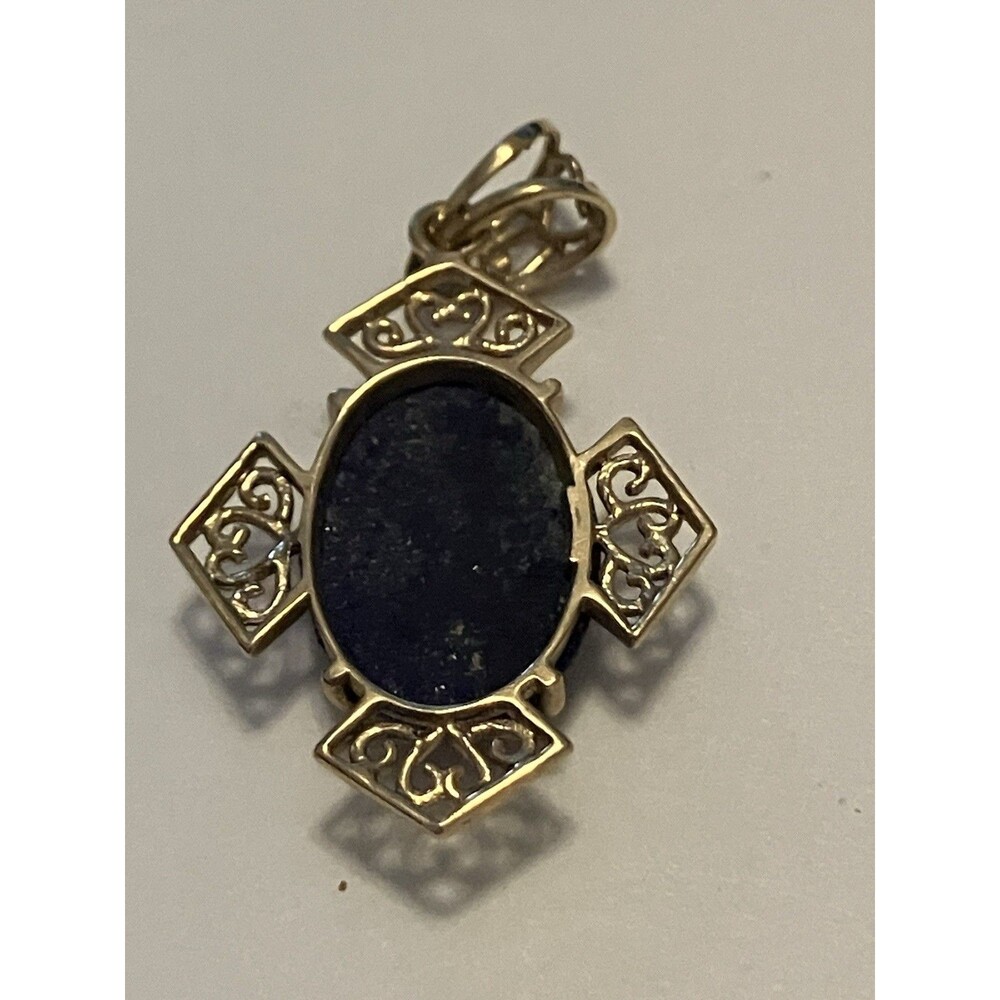 10K Yellow Gold Lapis Lazuli Cross Pendant Filigree Charm JAM Hallmark Vintage - Picture 2 of 8